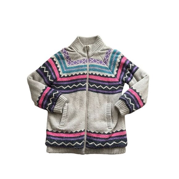 Vintage 90s tan pink funky striped retro puffer sweater jacket - Picture 1 of 4